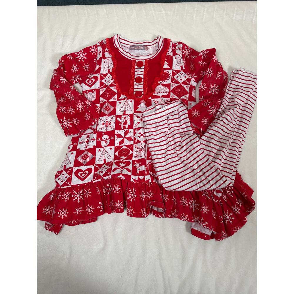 Jelly the Pug Girls Christmas Outfit Set Size 6 Red White Holiday Dress Leggings